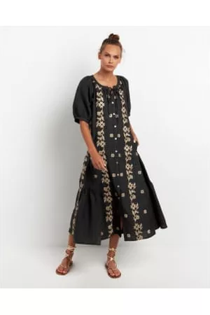 Greek Archaic Kori Women Short & Mini Dresses - All Over Daisy Dress Short Sleeve 230237 In Charcoal And