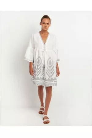 Greek Archaic Kori Women Short & Mini Dresses - Short Feather Dress Chevron Bell Sleeve And Grey 230475