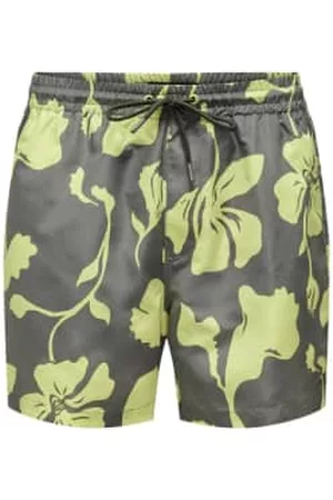 Only & Sons Men Swim Shorts - Only And Sons Floral Swim Shorts & Green