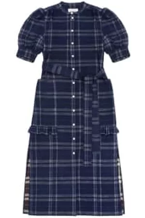 Saywood Women Puff Sleeve Dress - Rosa Puff Sleeve Shirtdress In Navy Check Deadstock Cotton