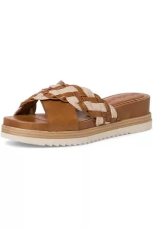 Tamaris Women Flat Shoes - Flat Woven Sliders In Cognac