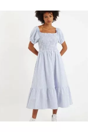 Lilac Rose Women Midi Dresses - Louche Babette Sail Stripe Shirred Bodice Midi Dress In Blue