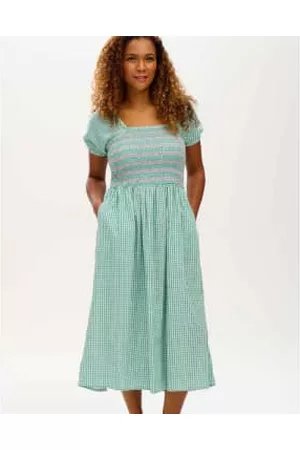 Lilac Rose Women Midi Dresses - Sugarhill Frances Midi Shirred Dress In Green Gingham