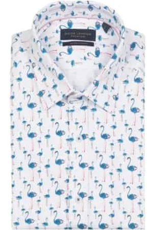 Guide London Men Short sleeved Shirts - Flamingo Print Short Sleeve Shirt - White/navy