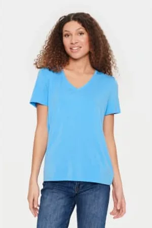 Saint Tropez Women Short Sleeved T-Shirts - Adelia V-neck Tee - Azure
