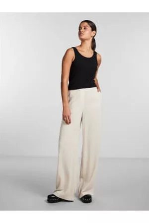 Pieces Women Straight Jeans - Beige Linen Straight Leg Trousers
