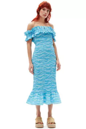 Ganni Women Strapless Dresses - Printed Cotton Off-shoulder Smock Midi Dress