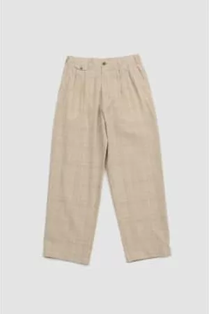 Beams Men Wide Leg Pants - 2 Pleats Cotton/wool/linen Check Wide Trousers Natural