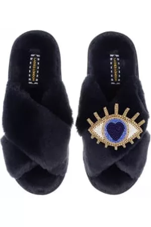 Laines London Women Slippers - Navy Slippers with Golden Eye Brooch