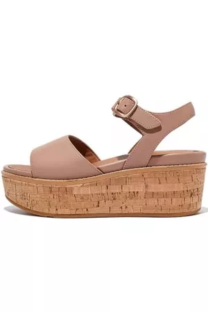 FitFlop Women Leather Sandals - Beige Eloise Cork Wrap Leather Back Strap Wedge Sandals