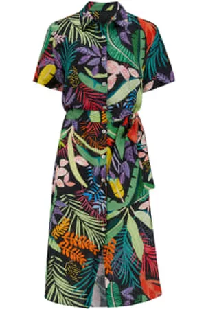 120% Lino Women Printed & Patterned Dresses - Short Sleeve Printed Dress in Jungle