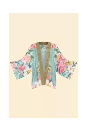 Pink Powder Women Floral Jackets - Teal Impressionist Floral Kimono Jacket