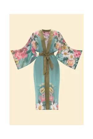 Pink Powder Women Kimonos - Teal Impressionist Floral Kimono Gown