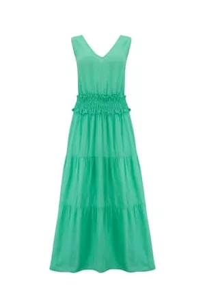 120% Lino Women Sleeveless Dresses - Sleeveless Tiered Dress in Emerald