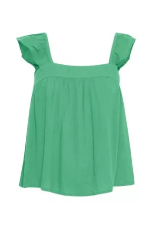 Ichi Women Tops - New Marrakech Plain Frill Strappy Top Greenbriar