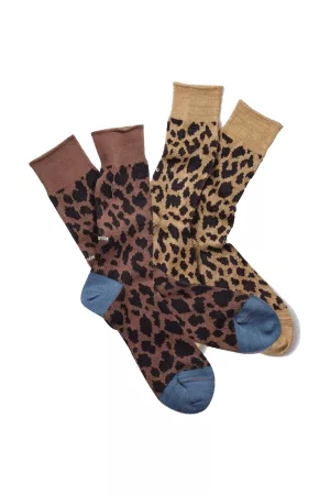 RoToTo Women Socks - | Organic Cotton Leopard Crew Socks | Beige Or Brown/light Blue