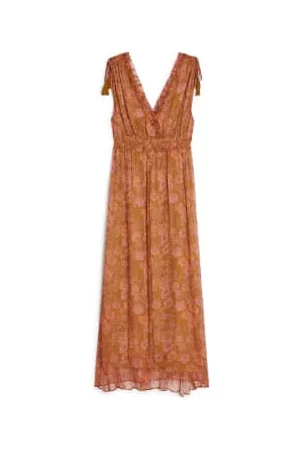 Louise Misha Women Printed & Patterned Dresses - Bronze Garden Flowers Printed Plumiska Silk Dress