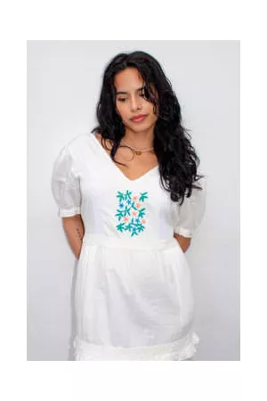 Lowie Women Puff Sleeve & Puff Shoulder Dresses - Embroidered Cotton Puff Sleeve Dress