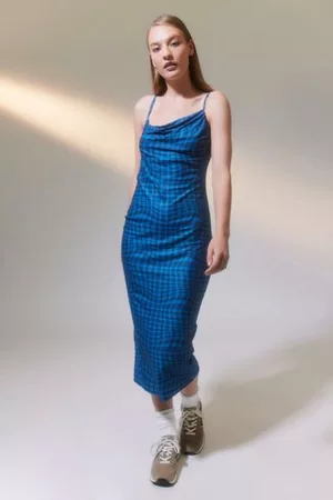 Another Girl Women Asymmetrical Dresses - Plaid Cowl Neck Asymmetrical Midi Dress