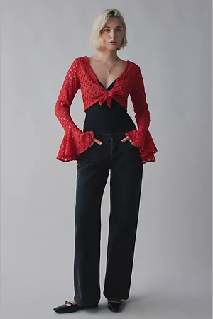 Kimchi Blue Opal Tie-Front Bell Sleeve Cropped Blouse in , Women
