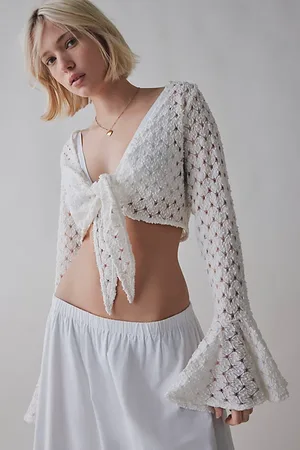 Kimchi Blue Opal Tie-Front Bell Sleeve Cropped Blouse in , Women