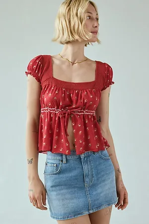 Kimchi Blue Lulu Lace-Trim Babydoll Flyaway Blouse in , Women
