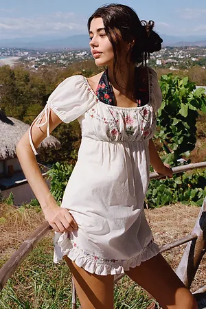 Kimchi Blue Marcella Embroidered Tie-Back Babydoll Mini Dress in , Women