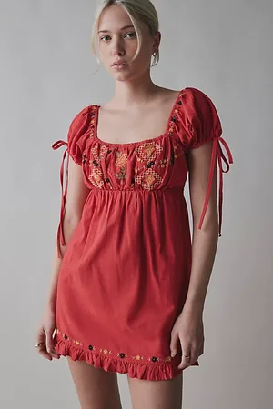 Kimchi Blue Marcella Embroidered Tie-Back Babydoll Mini Dress in , Women
