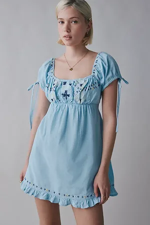Kimchi Blue Marcella Embroidered Tie-Back Babydoll Mini Dress in , Women