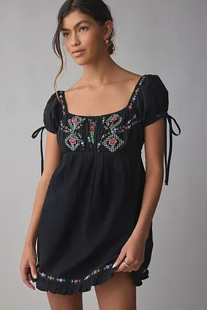 Kimchi Blue Marcella Embroidered Tie-Back Babydoll Mini Dress in , Women