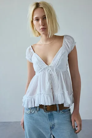 Kimchi Blue Izzy Lace Trim Button-Front Babydoll Blouse in , Women