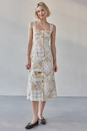 Kimchi Blue Martina Lace Trim Button-Front Midi Dress in , Women