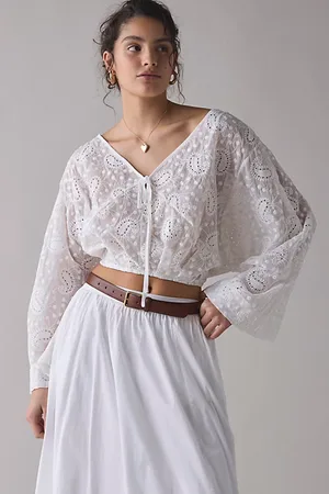 Kimchi Blue Tanner Eyelet Lace Cropped Prairie Blouse in , Women