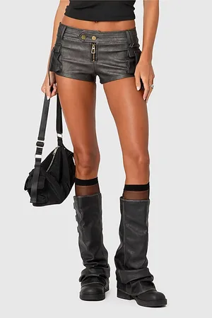 Edikted Washed Faux Leather Micro Cargo Shorts in , Women