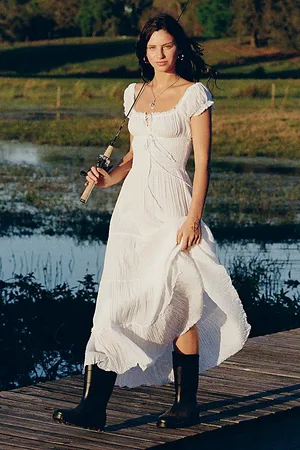 Kimchi Blue Sienna Cotton Smocked Milkmaid Maxi Dress in , Women