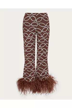 VALENTINO CHAIN 1967 JACQUARD VISCOSE TROUSERS WITH FEATHERS Woman BROWN/IVORY M