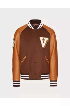 VALENTINO Men Leather Jackets - WOOL CLOTH BOMBER JACKET WITH LEATHER SLEEVES AND EMBROIDERED PATCHES Man EBONY/CAMEL 46