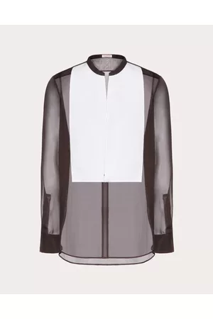 VALENTINO Men Shirts - SHIRT IN CHIFFON WITH COTTON PLASTRON AND TIES AT THE WAIST Man WHITE/EBONY L