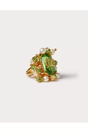 VALENTINO GARAVANI Women Gold Rings - VLOGO SIGNATURE METAL RING WITH PEARLS AND CRYSTALS E-COMMERCE EXCLUSIVE Woman GOLD/GREEN 11