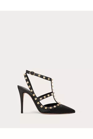 VALENTINO GARAVANI Women Heeled Pumps - SATIN ROCKSTUD PUMP WITH ALL-OVER TUBES EMBROIDERY AND STRAPS 100 MM Woman BLACK 36.5