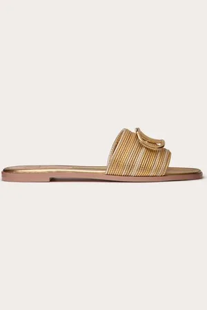 VALENTINO GARAVANI Vlogo Signature Metallic Leather Slide Sandal With Cornely Embroidery Wo