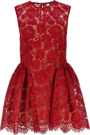 Self-Portrait Red Fine Lace Pearl Mini Dresses Red